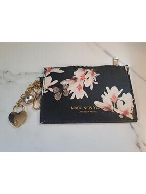 Marc New York Andrew Marc Black Floral Gold Zippered Wallet with Charms